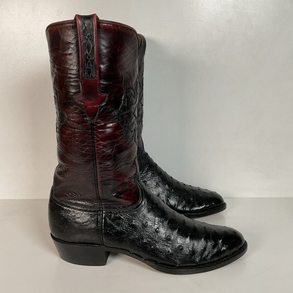 Vintage Lucchese Black Cherry Ostrich Quill Cowboy Boots 10 B Inlay New Soles - Picture 11 of 16